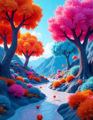 The primary subject of the image is a colorful landscape featuring a river surrounded by trees and flowers. The setting is a vibrant, artistic environment with a mix of natural elements and colorful accents. The visual style is a digital art or illustration, showcasing a creative and imaginative interpretation of the natural world. The colors and mood are lively and cheerful, with a strong emphasis on the vibrant hues and the overall positive atmosphere.